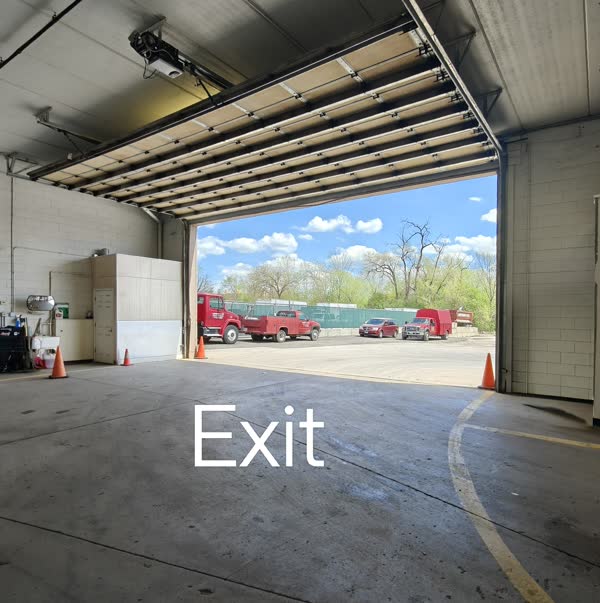 View from inside the inspection bay looking out the exit door.