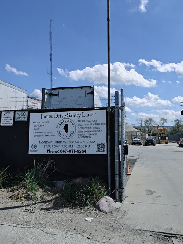 James Drive Safety Lane business sign listing services: school buses, limousine, taxis, commercial vans, student transport, truck tractors, semi-trailers, commercial truck, passenger vehicles, rebuilt/salvage inspection.